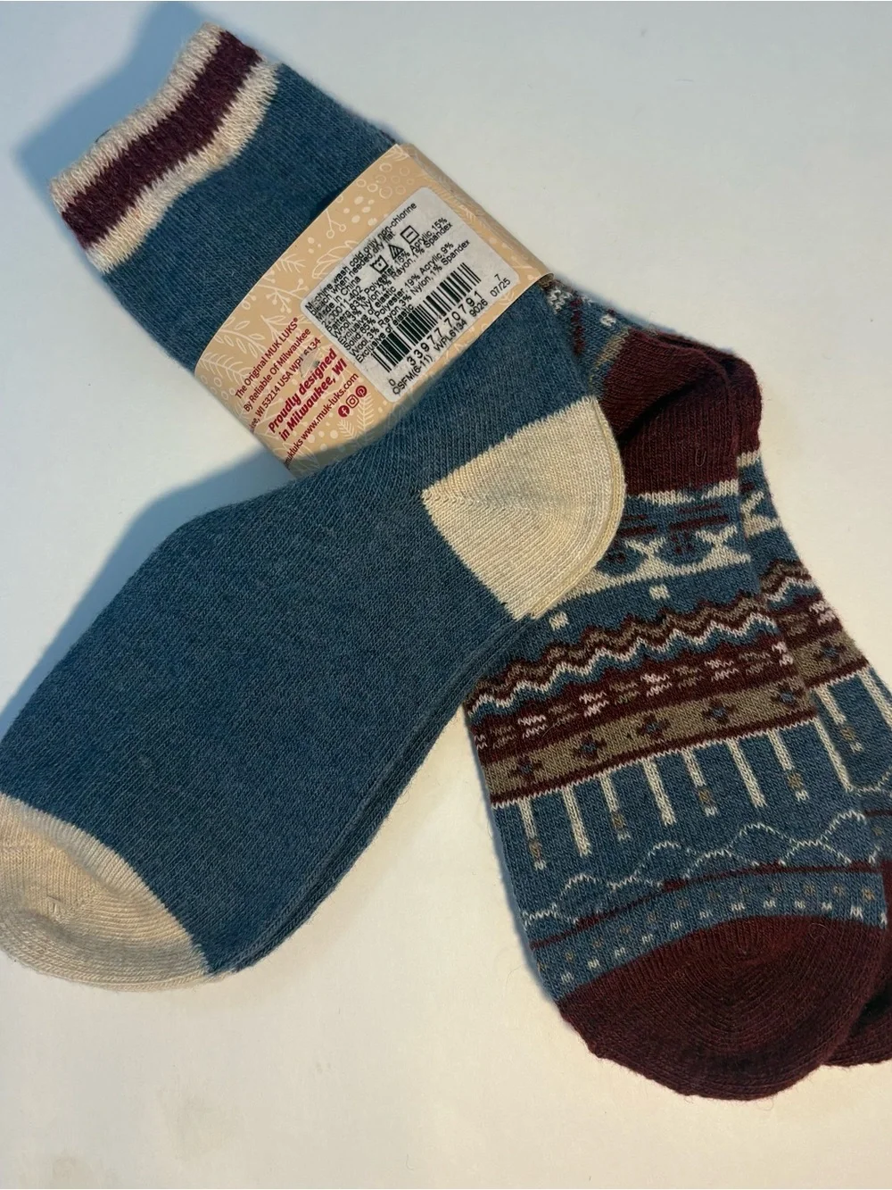NWT Cozy Muk Luks Womens Crew Socks 2 pack Winter Blue & Burgundy Shoe Sz 6-11